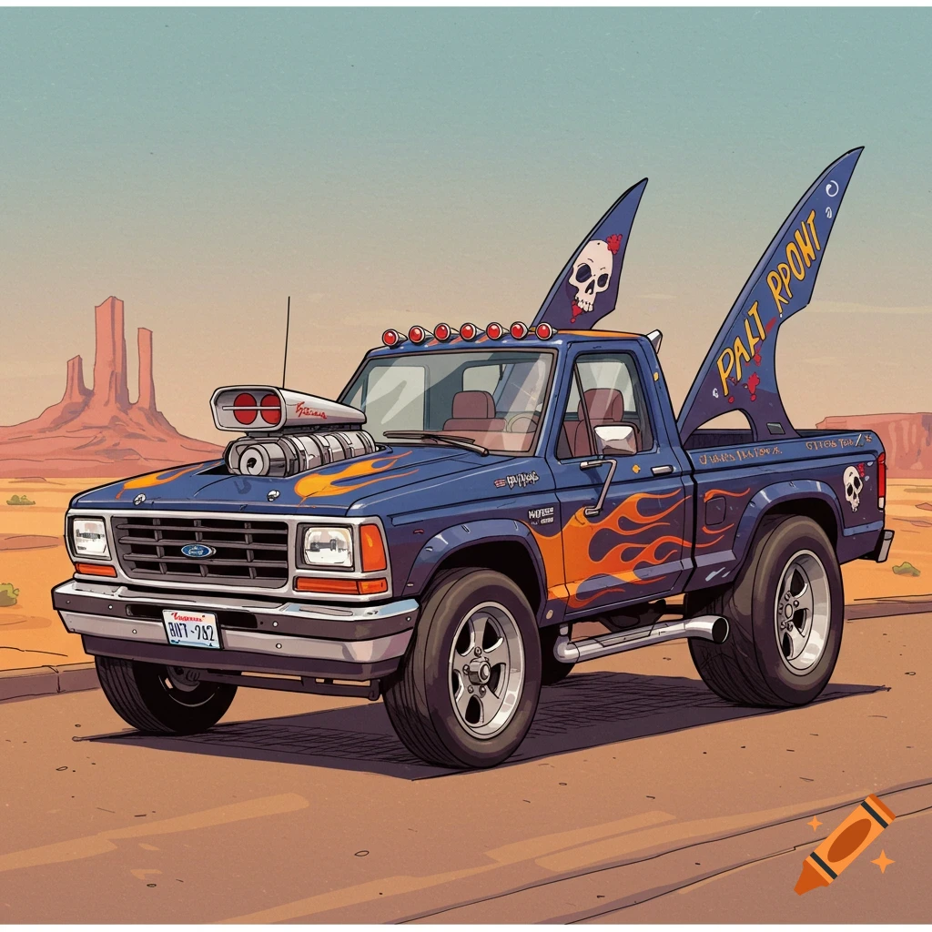 Cartoon blue pickup truck with flames, large engine, tail fins, and skulls in a desert.