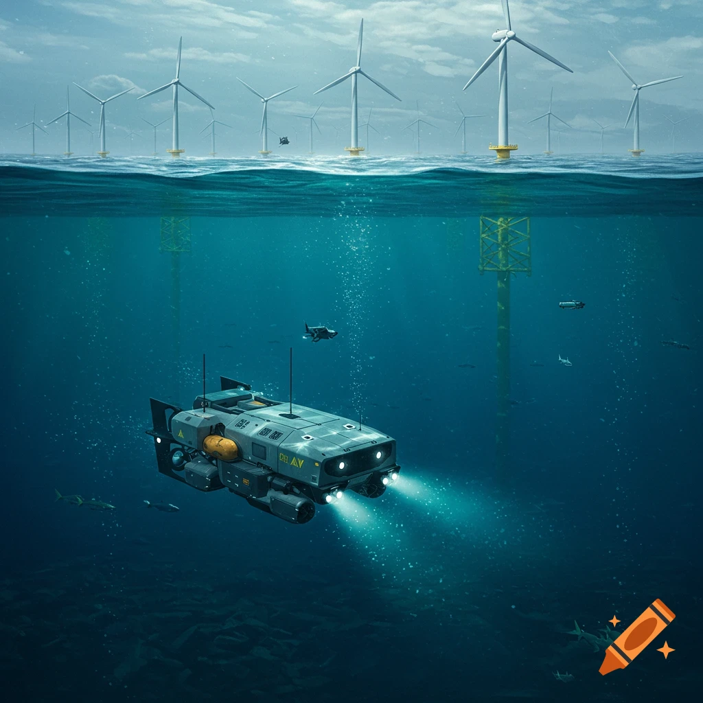 An underwater submersible explores the ocean floor below wind turbines, illuminated by spotlights.