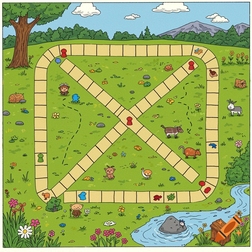 A cartoon illustration of a board game set in an outdoor scene with green grass, trees, a river, and cartoon animal and human player pieces.