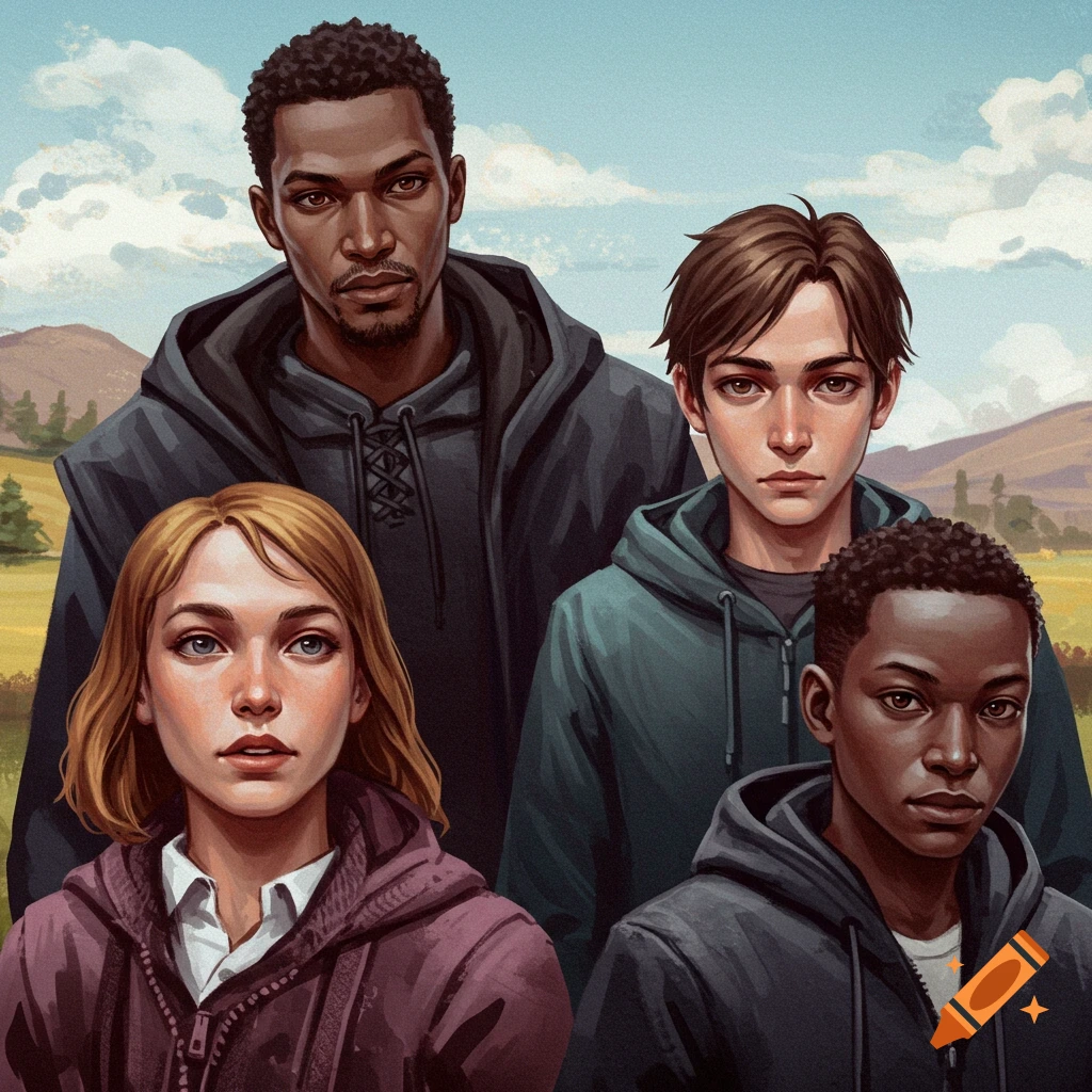 Illustration of four young people in hoodies standing in a field.