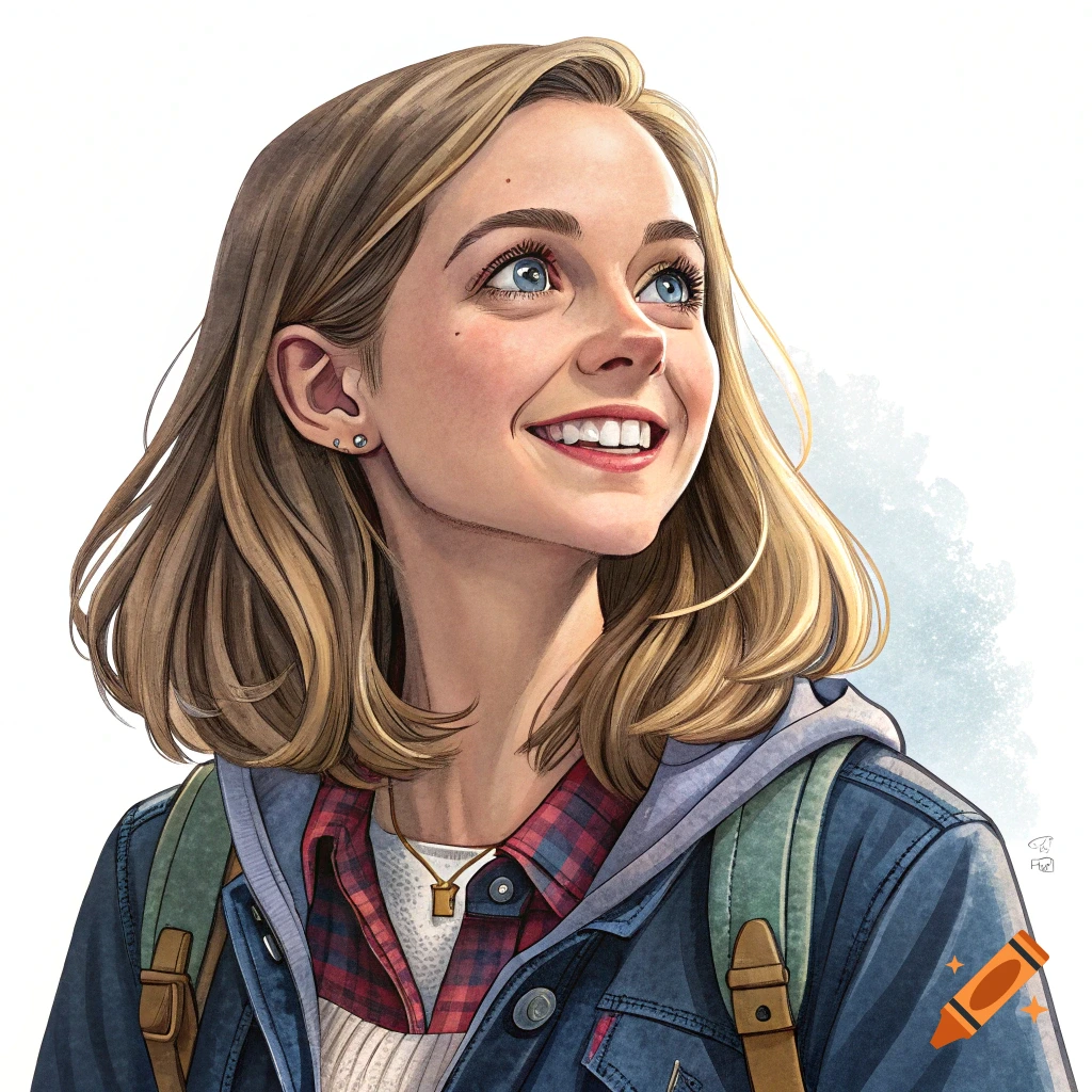 An illustration of a young woman with blonde hair and blue eyes, smiling and looking up, wearing a jacket and backpack.