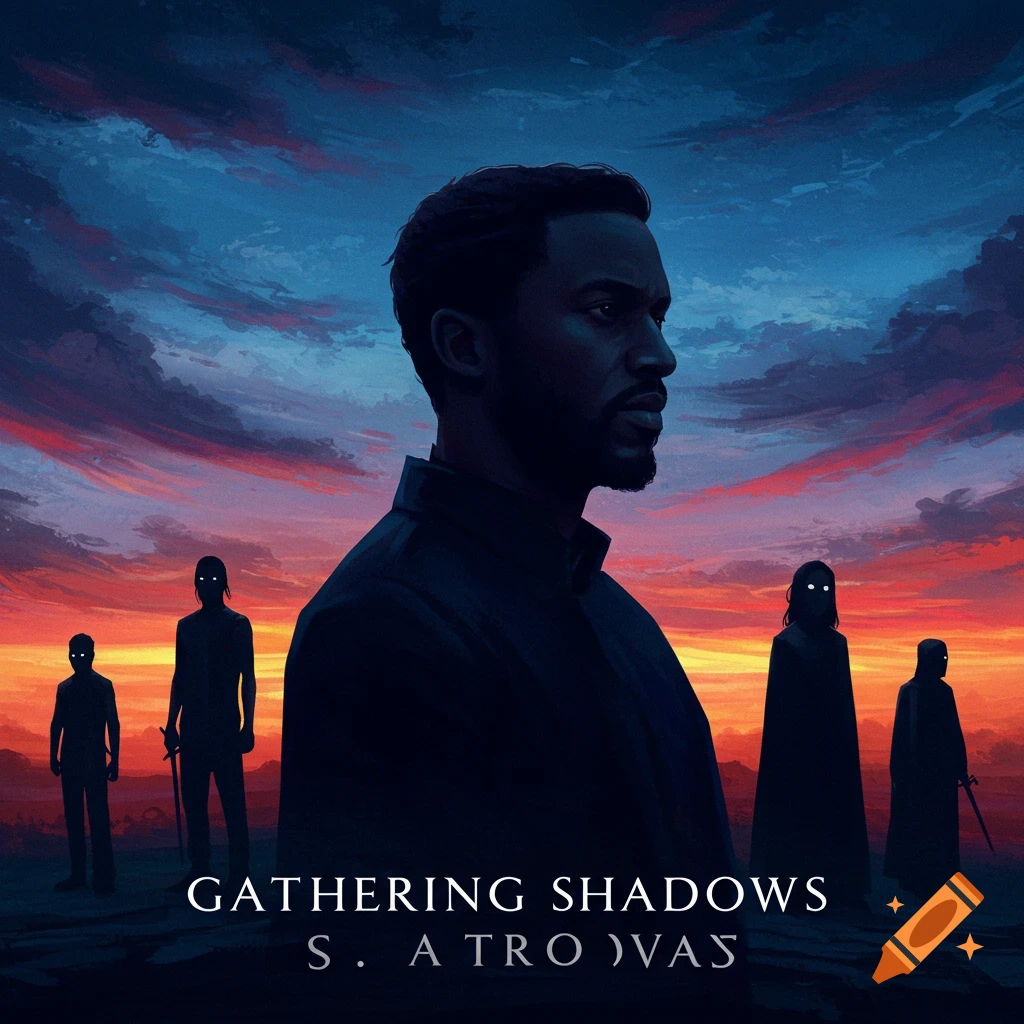 Silhouettes of figures against a dramatic twilight sky. Text: GATHERING SHADOWS.