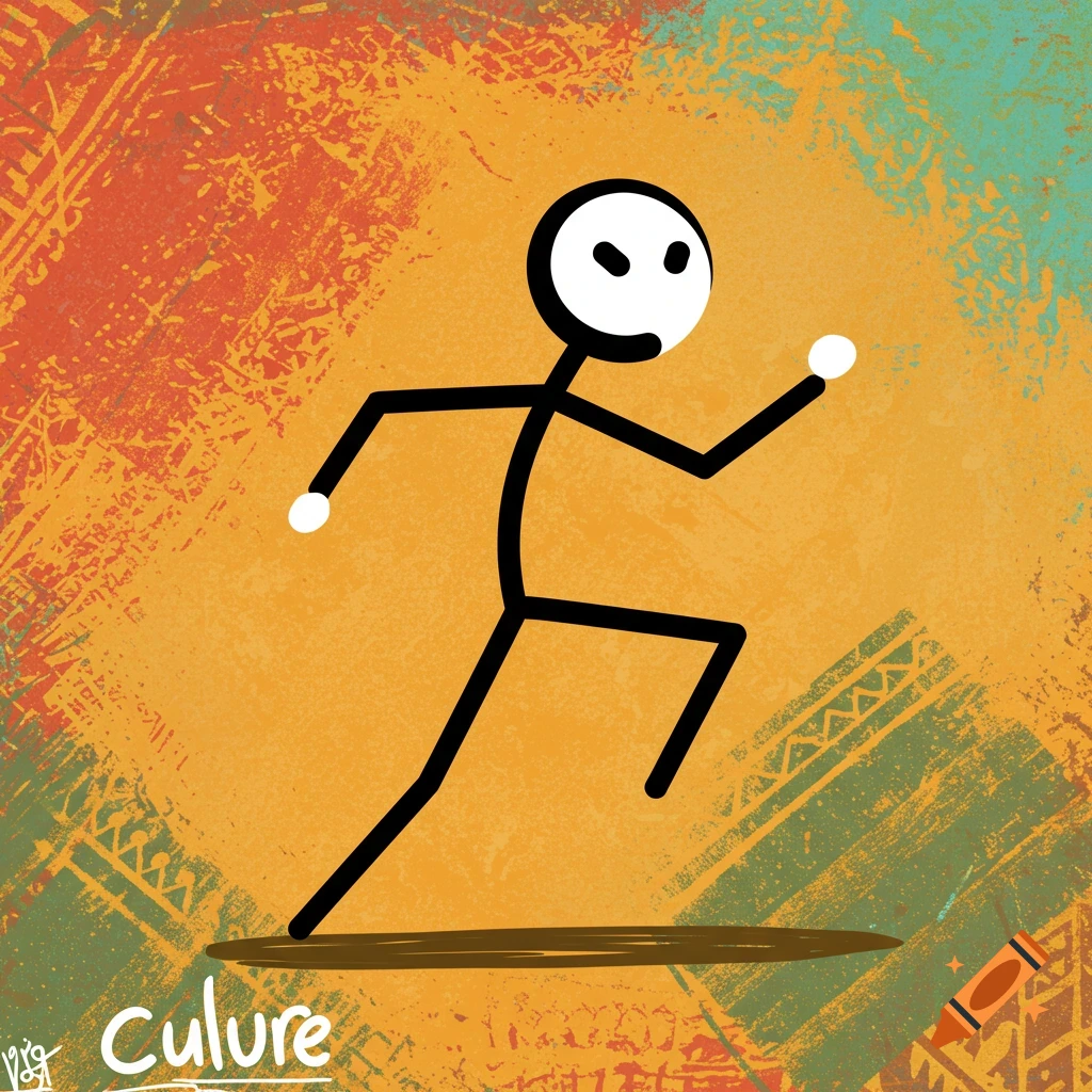 A black stick figure with a white head and eyes runs against an orange and green abstract, textured background.