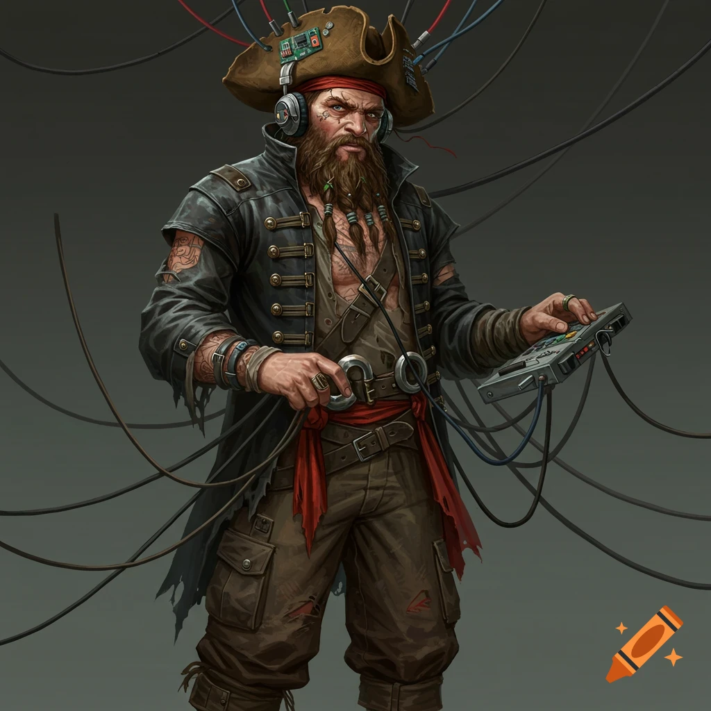 A cyberpunk pirate with wired headgear and headphones holds a tech device.