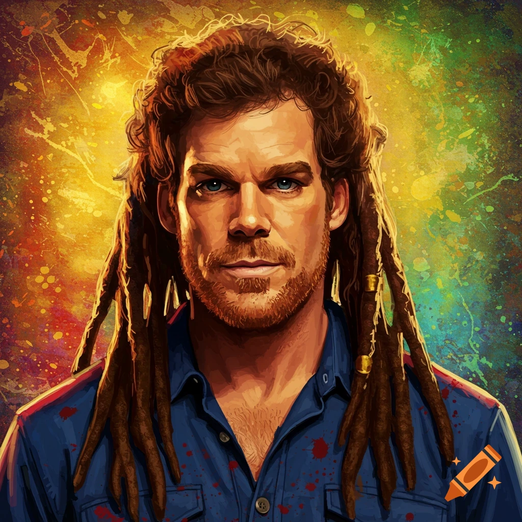 Painterly portrait of a man with dreadlocks and a beard in a blue shirt with red splatters.