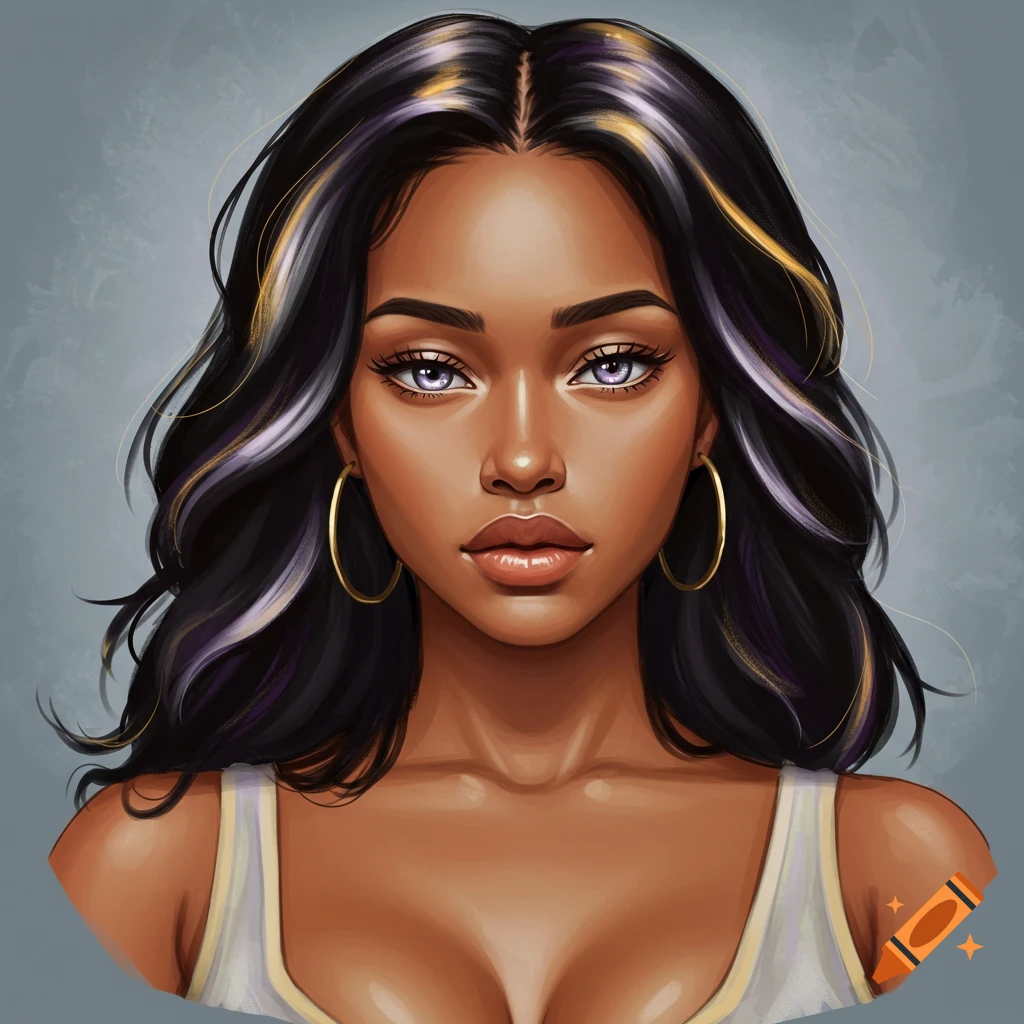 Portrait of a woman with dark hair, purple eyes, and gold hoop earrings.