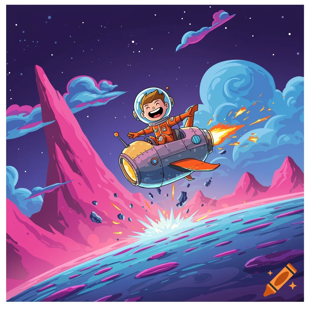 Cartoon astronaut boy in a spaceship flying near a pink and blue planet