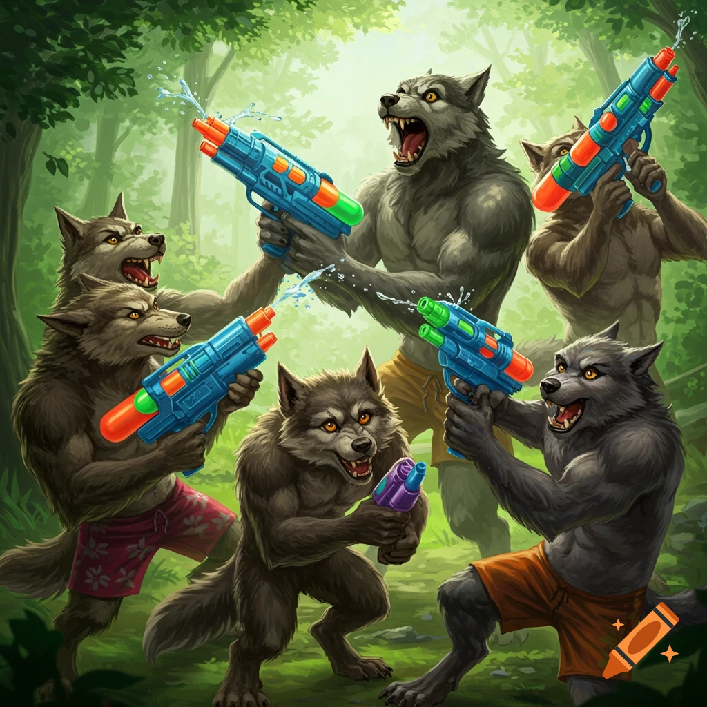 Several werewolves play in a forest water gun fight, splashing water.