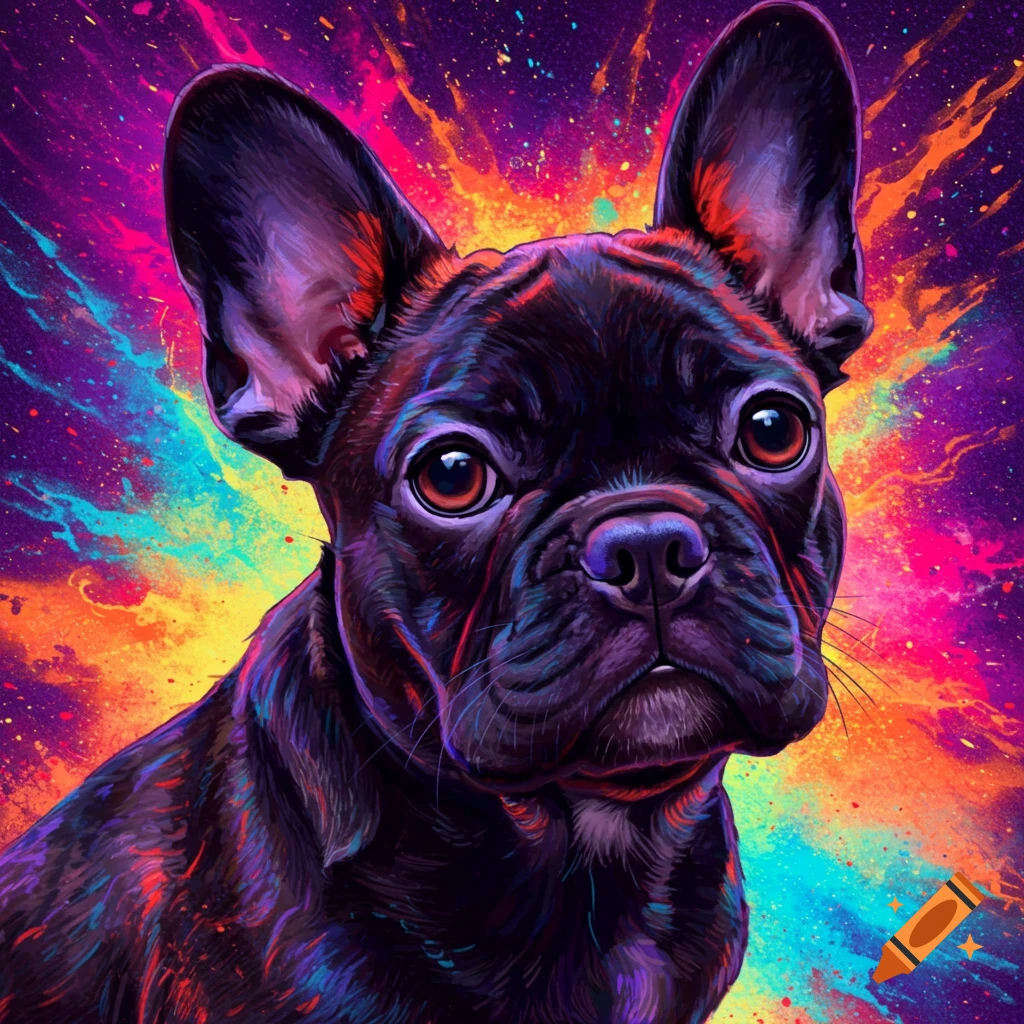 Black French bulldog portrait in vibrant psychedelic art style.