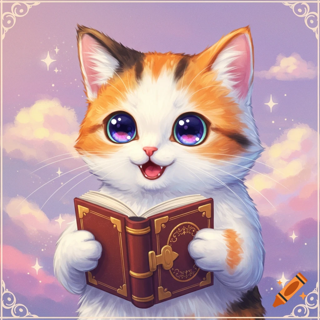 A cute calico cat with big eyes holds an open book against a magical sky background.