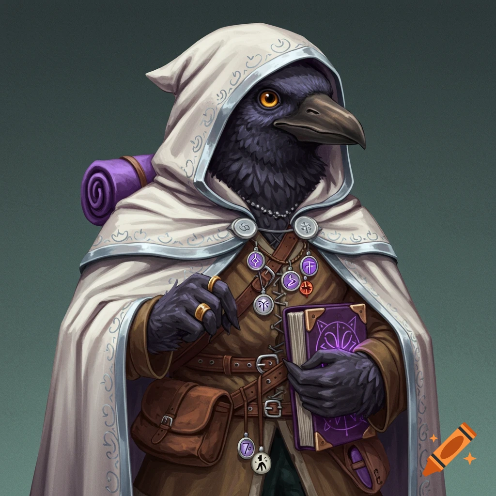 A fantasy bird-person in a hooded cloak holding a magical book.