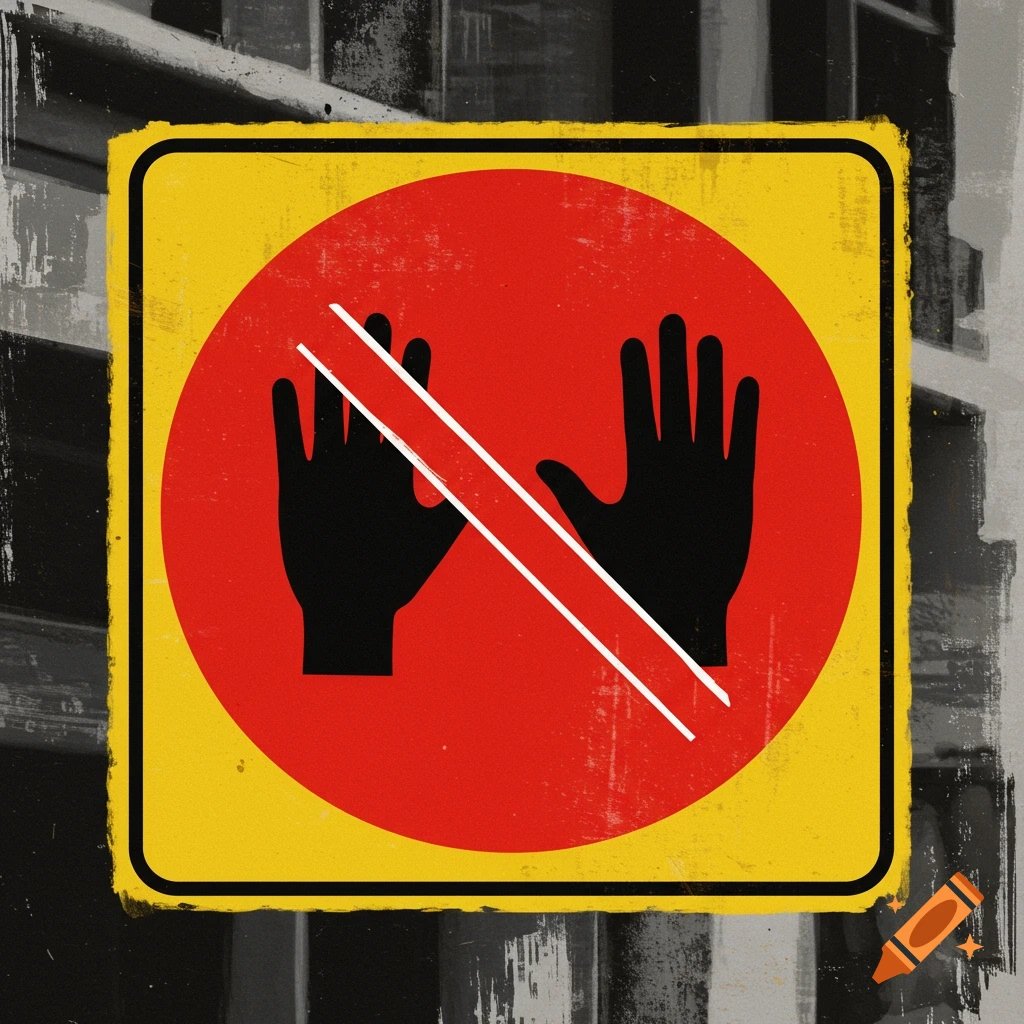 Warning sign with silhouetted hands and a diagonal line in a red circle on a yellow square