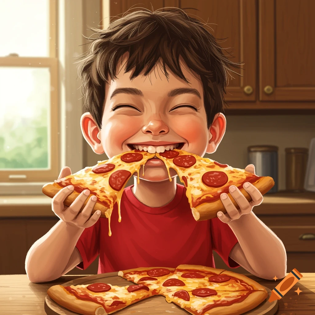 A happy boy with a wide grin holds two slices of pepperoni pizza with dripping cheese, about to eat them.