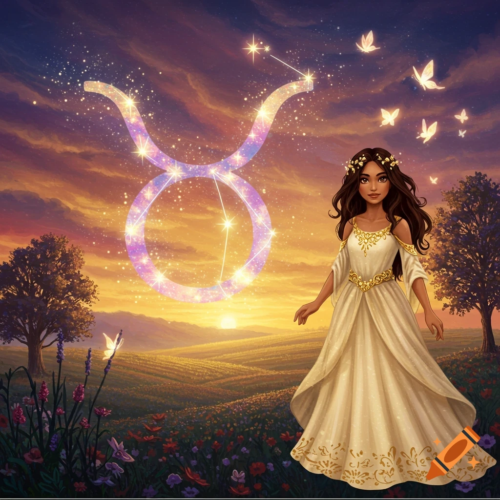 A woman in a dress stands in a field at sunset with a large, glowing Taurus constellation symbol and butterflies in the sky.