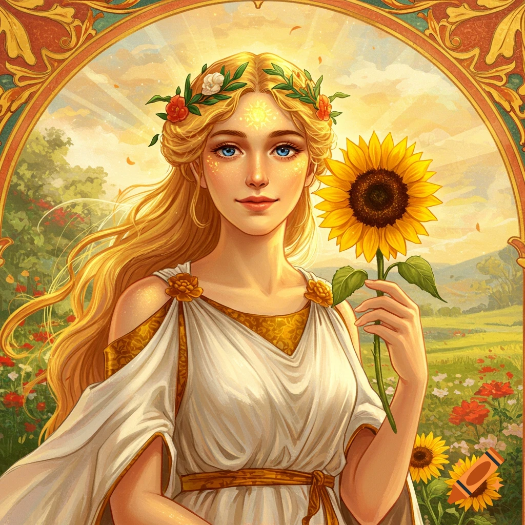 Illustration of a blonde goddess wearing a flower crown and classical dress, holding a sunflower in a sunny landscape with an ornate frame.