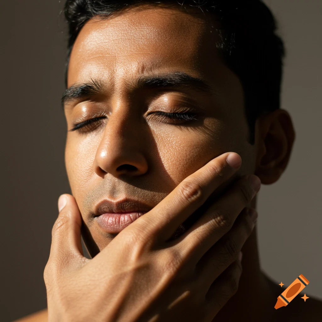 Close-up portrait of a person with eyes closed, hand touching their face in dramatic lighting.