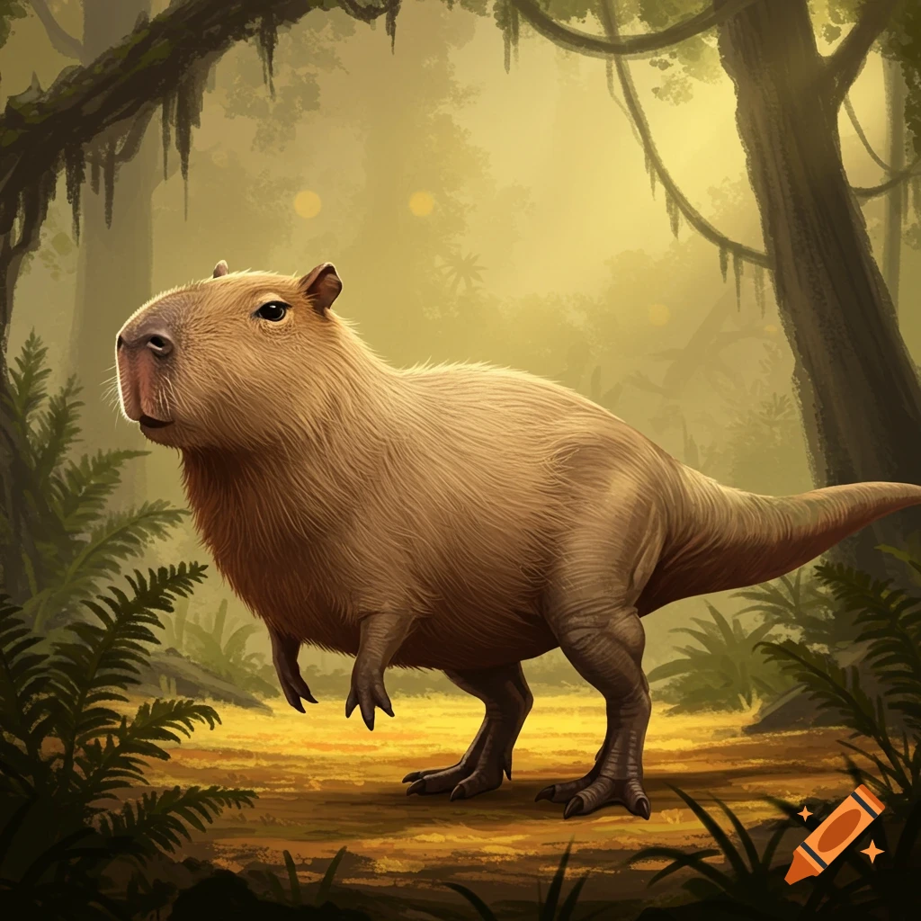 A creature with a capybara head and a T-Rex body stands in a jungle clearing.