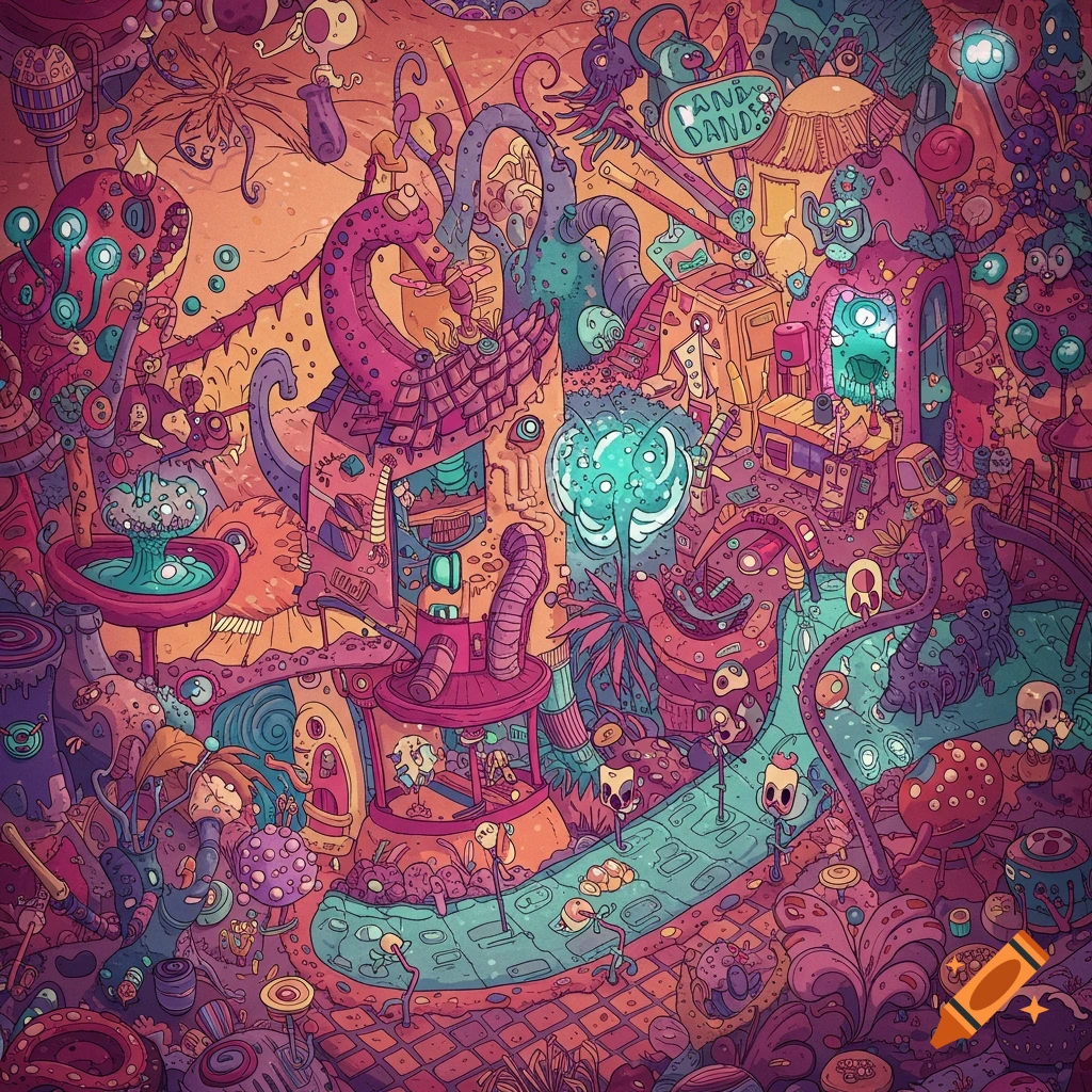 Busy, colorful surreal illustration of a fantasy landscape with strange creatures, structures, and pathways.