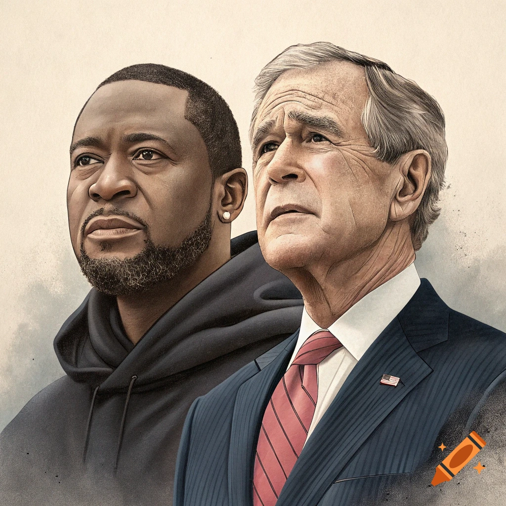 Illustration of George Floyd in a hoodie and George H.W. Bush in a suit, looking upward.