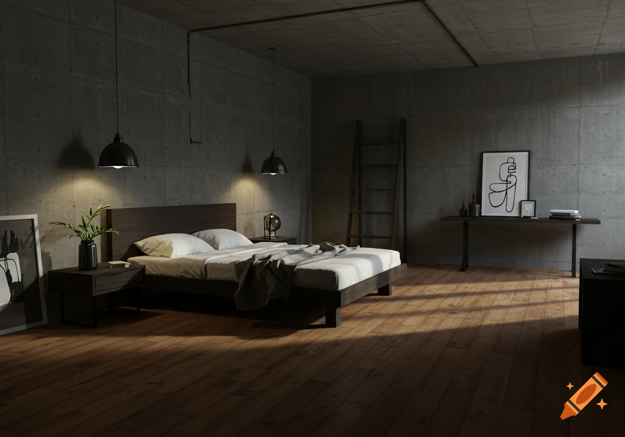 Modern industrial bedroom interior with concrete walls, wood floor, bed, ladder, and desk, dramatic lighting