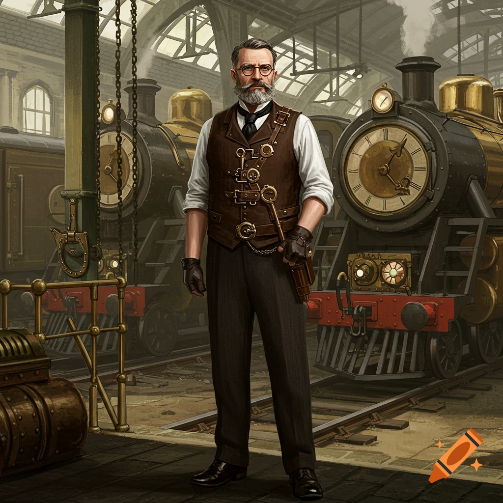 Illustration of a man in steampunk attire standing in a train station with steam engines.