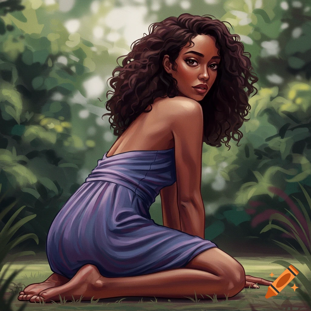 Stylized illustration of a woman kneeling in a garden, looking back.