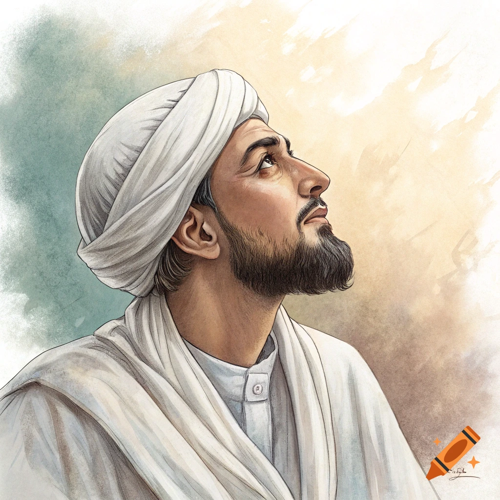 Watercolor portrait of a man in a white turban and robe looking upwards.
