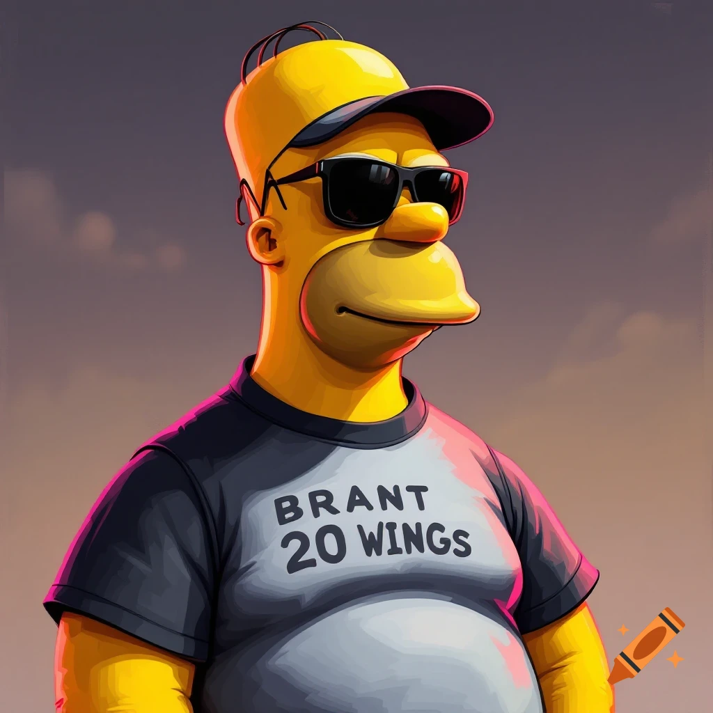 Illustration of Homer Simpson wearing a yellow cap, sunglasses, and a t-shirt that says 'BRANT 20 WINGS'.