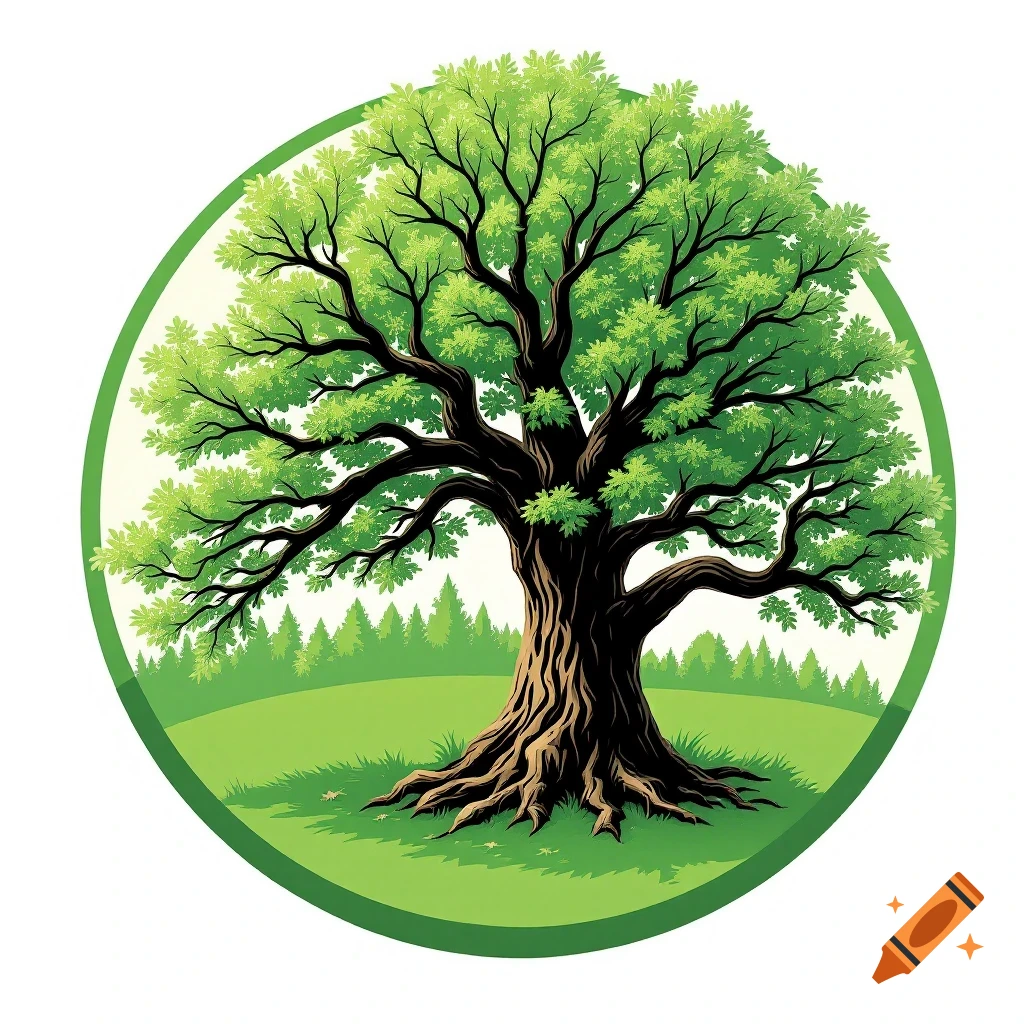 Stylized illustration of a large green tree in a grassy circle with a forest background.