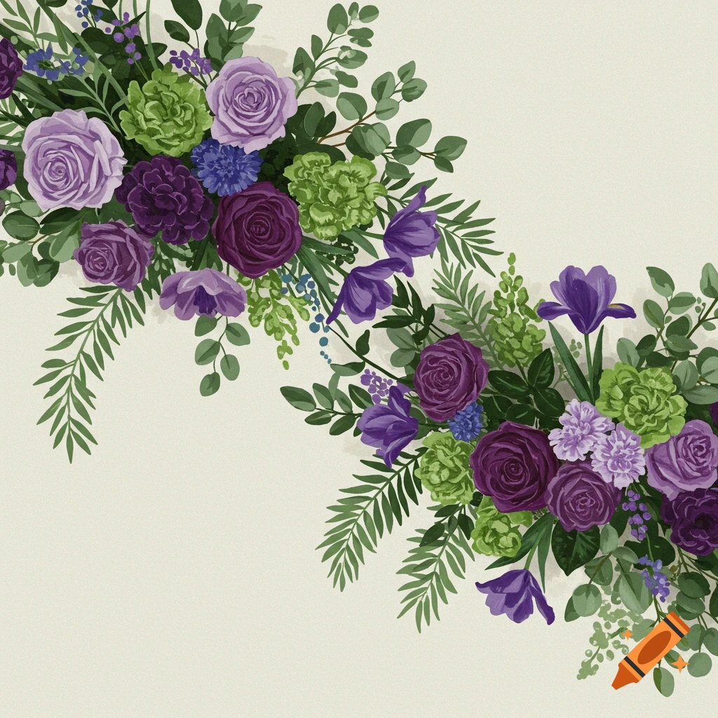 Illustration of purple and green flowers and greenery arranged diagonally.