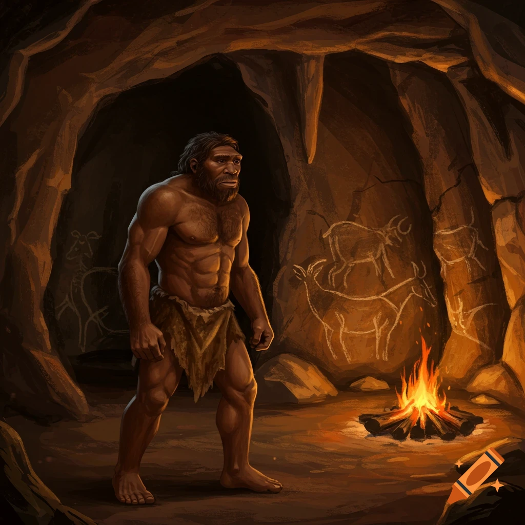 Illustration of a neanderthal man standing in a cave by a fire with cave paintings on the wall.