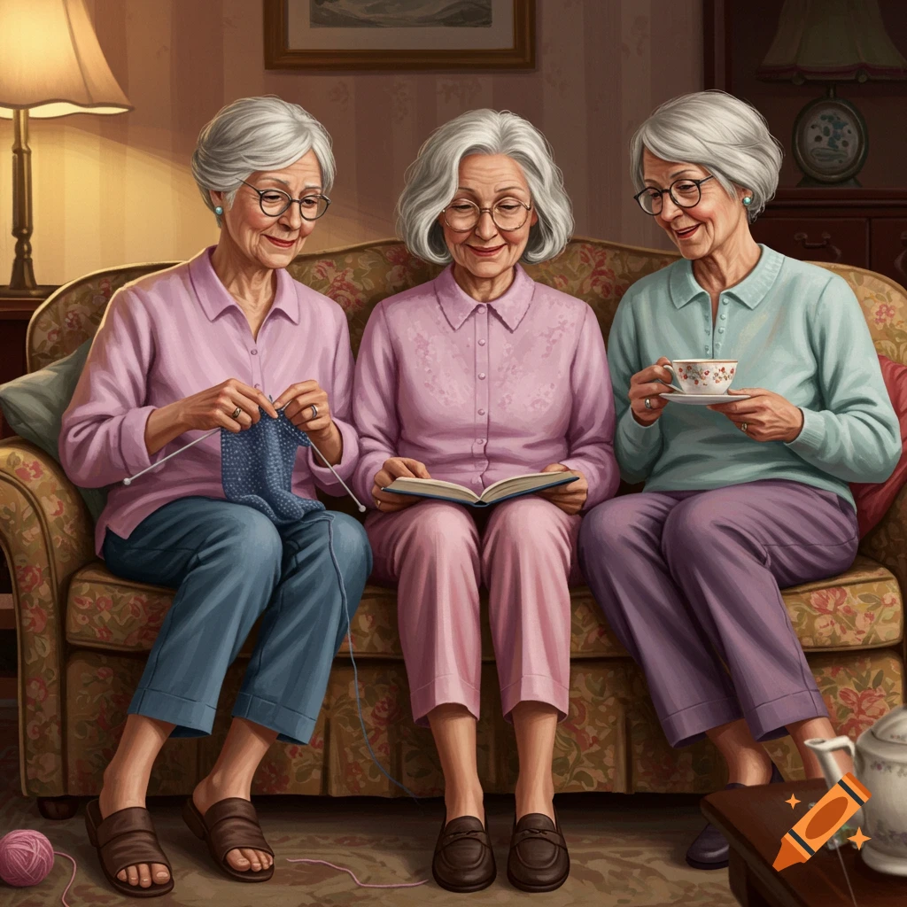 Three elderly women sit on a couch, one knitting, one reading, one drinking tea.