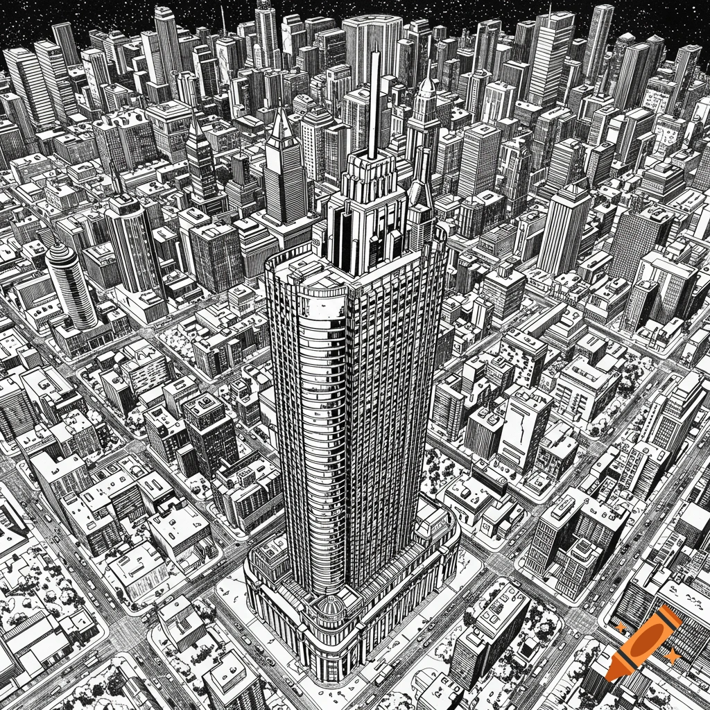 Black and white comic book style illustration of a city skyline from above.