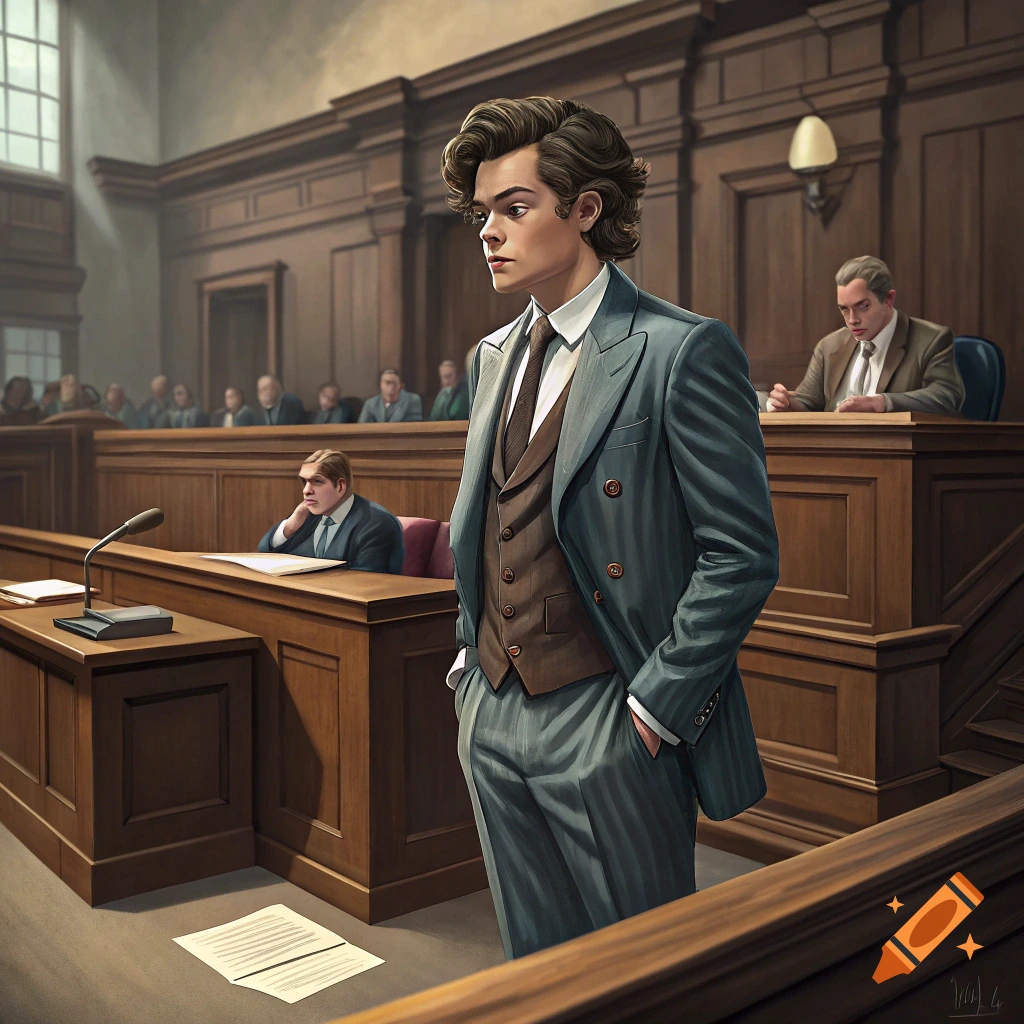 Illustration of a man resembling Harry Styles standing in a courtroom.