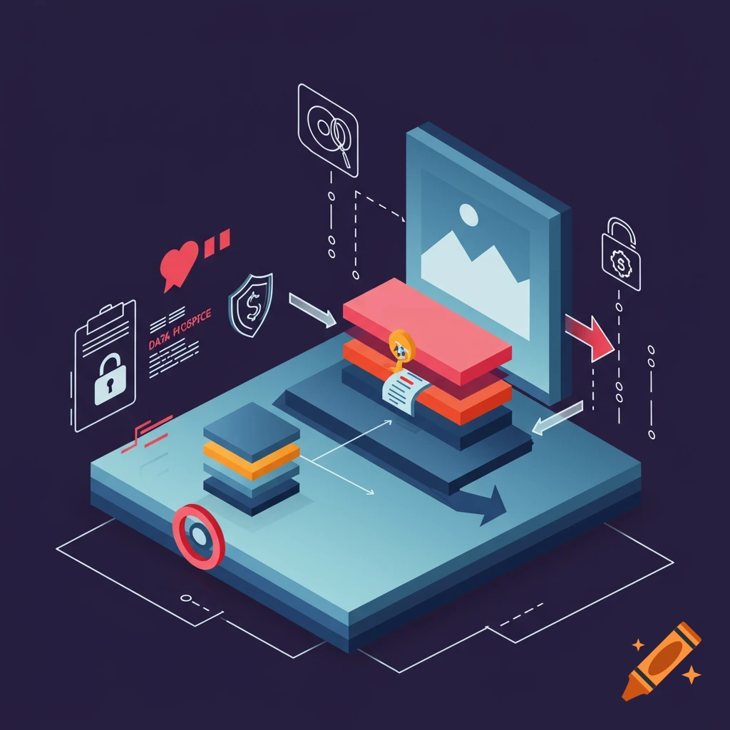 Modern isometric illustration of data processing and security with abstract shapes and icons.