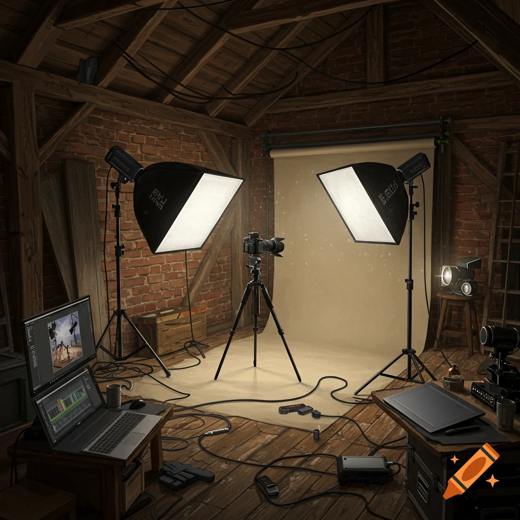 Photography studio setup in an attic with lights, camera, backdrop, and editing gear