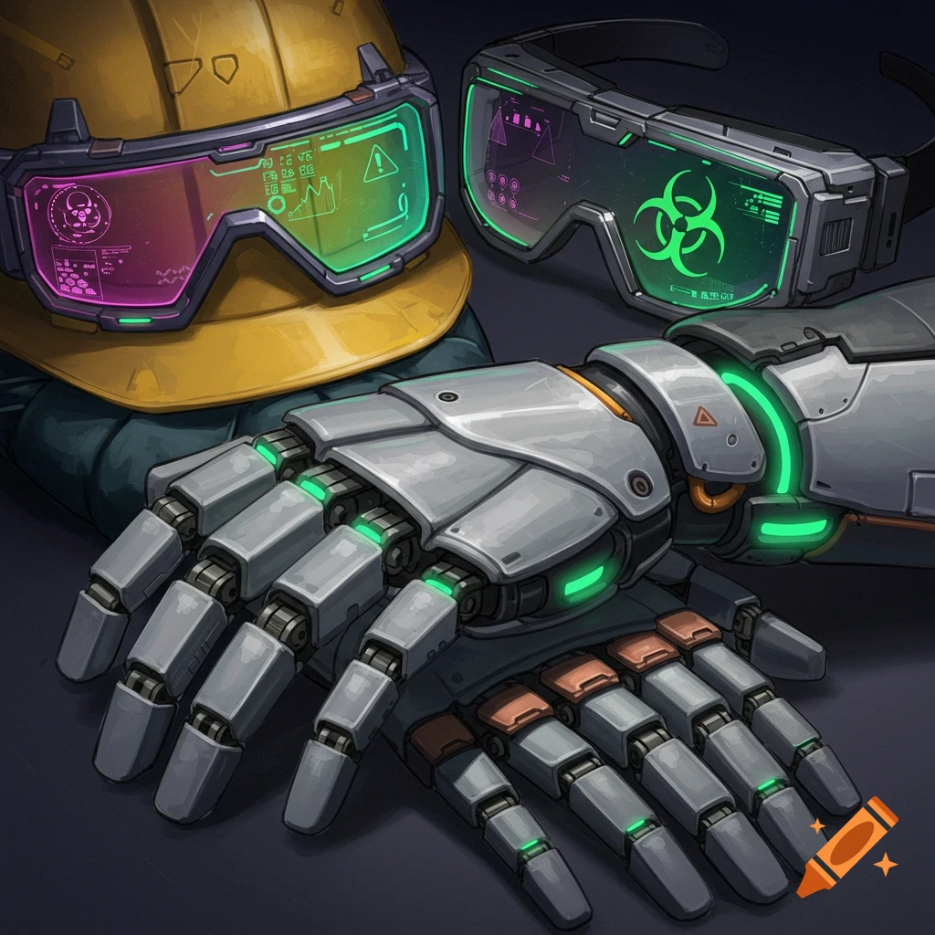 Detailed illustration of robotic hands, a yellow hard hat, and futuristic goggles with glowing displays.