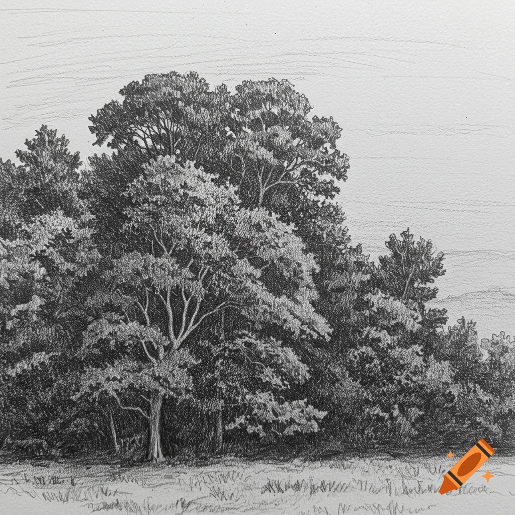 Black and white pencil sketch of a dense treeline with grass in the foreground.