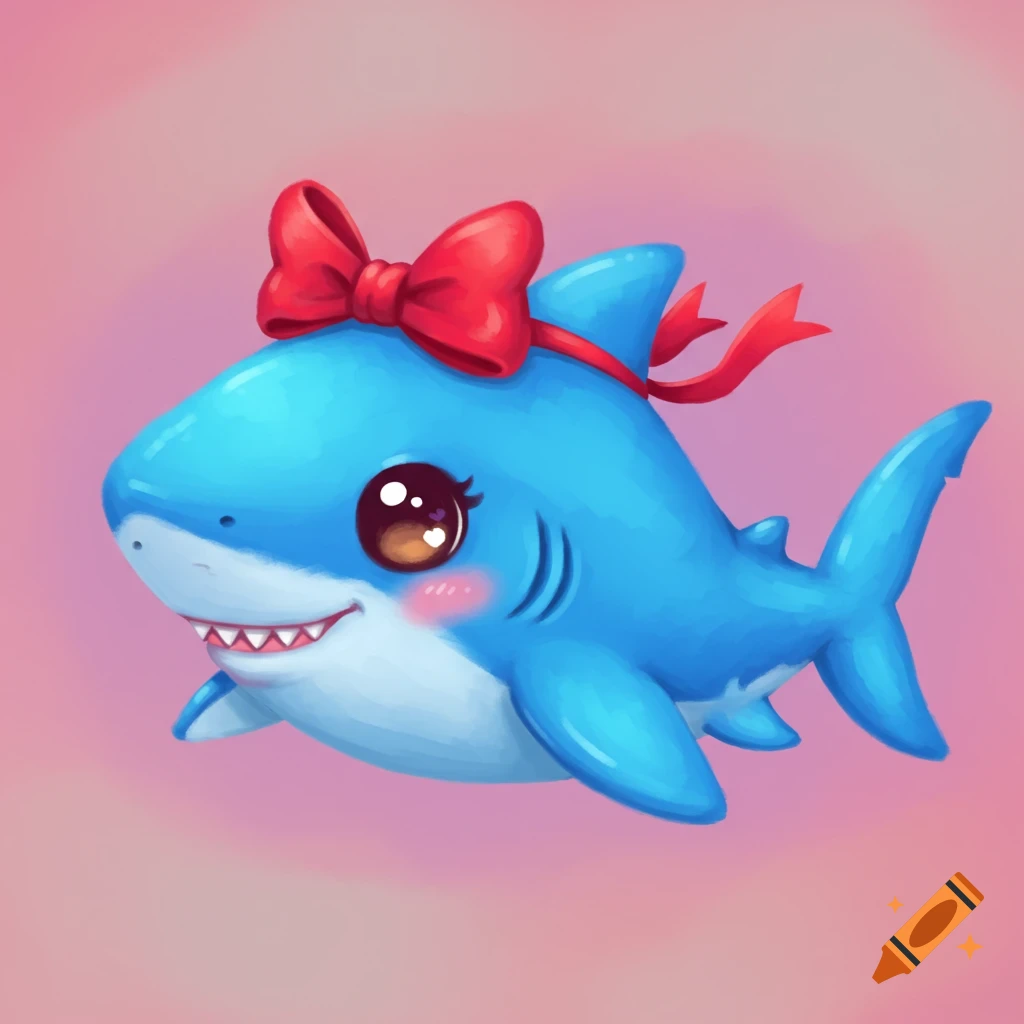 A cute cartoon blue shark with large eyes and a red bow swims on a pink background.