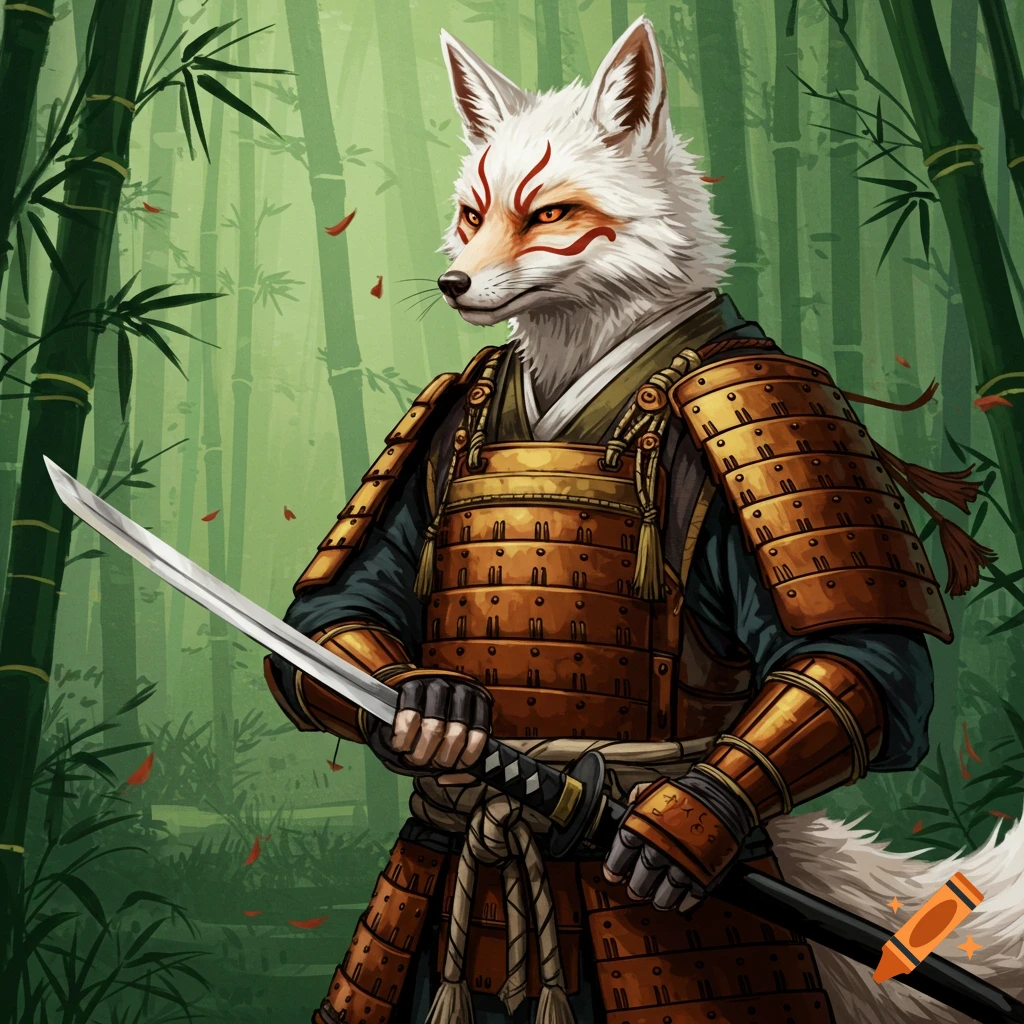 Illustration of a samurai fox in armor holding a sword in a bamboo forest.