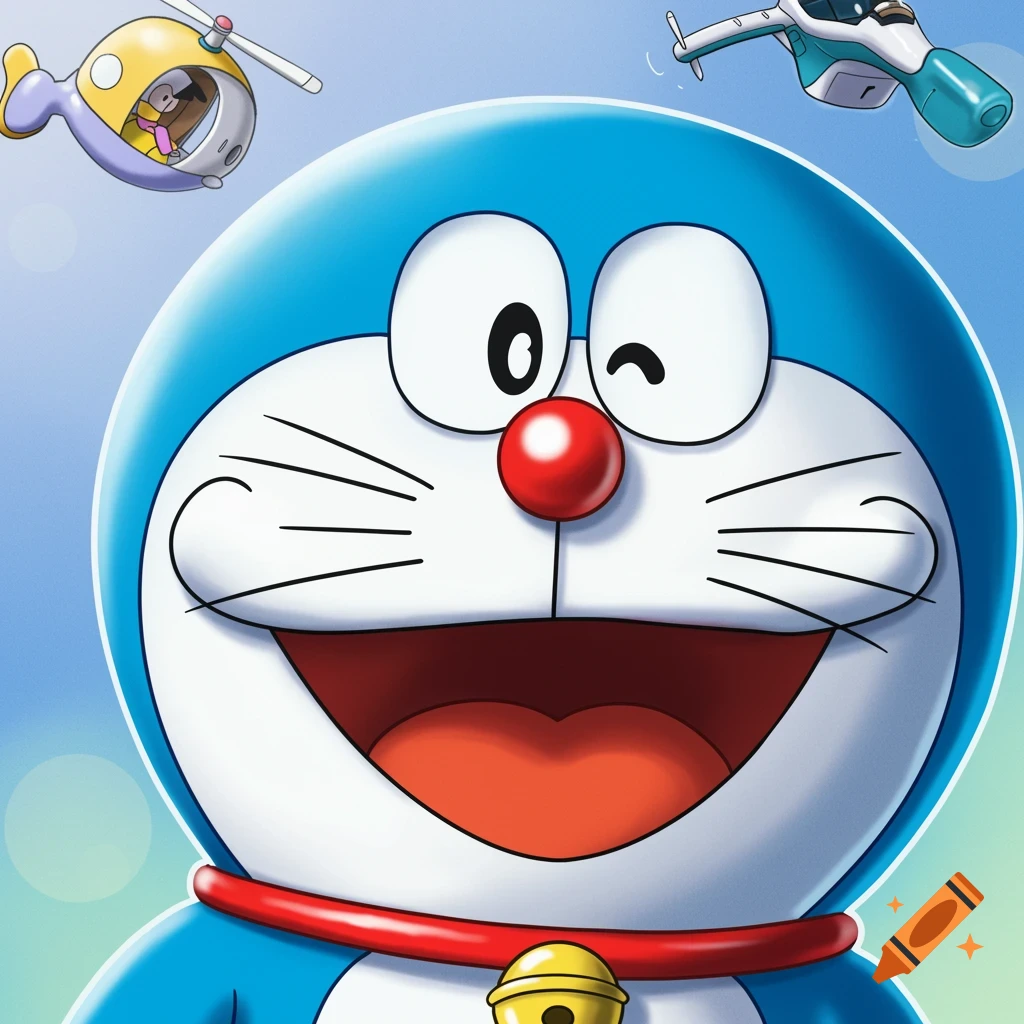 Close-up of Doraemon smiling and winking with cartoon helicopters flying