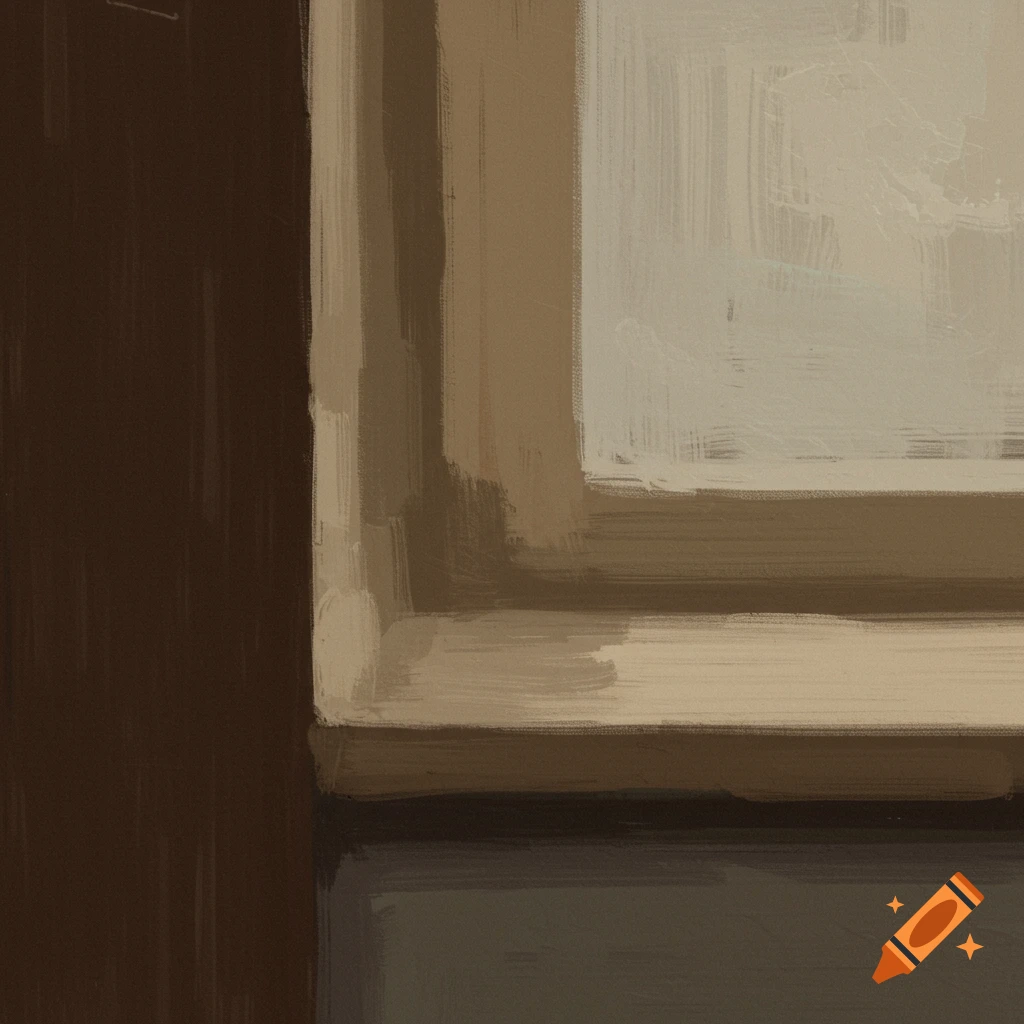 A painterly close-up of a window frame with brown and beige tones.
