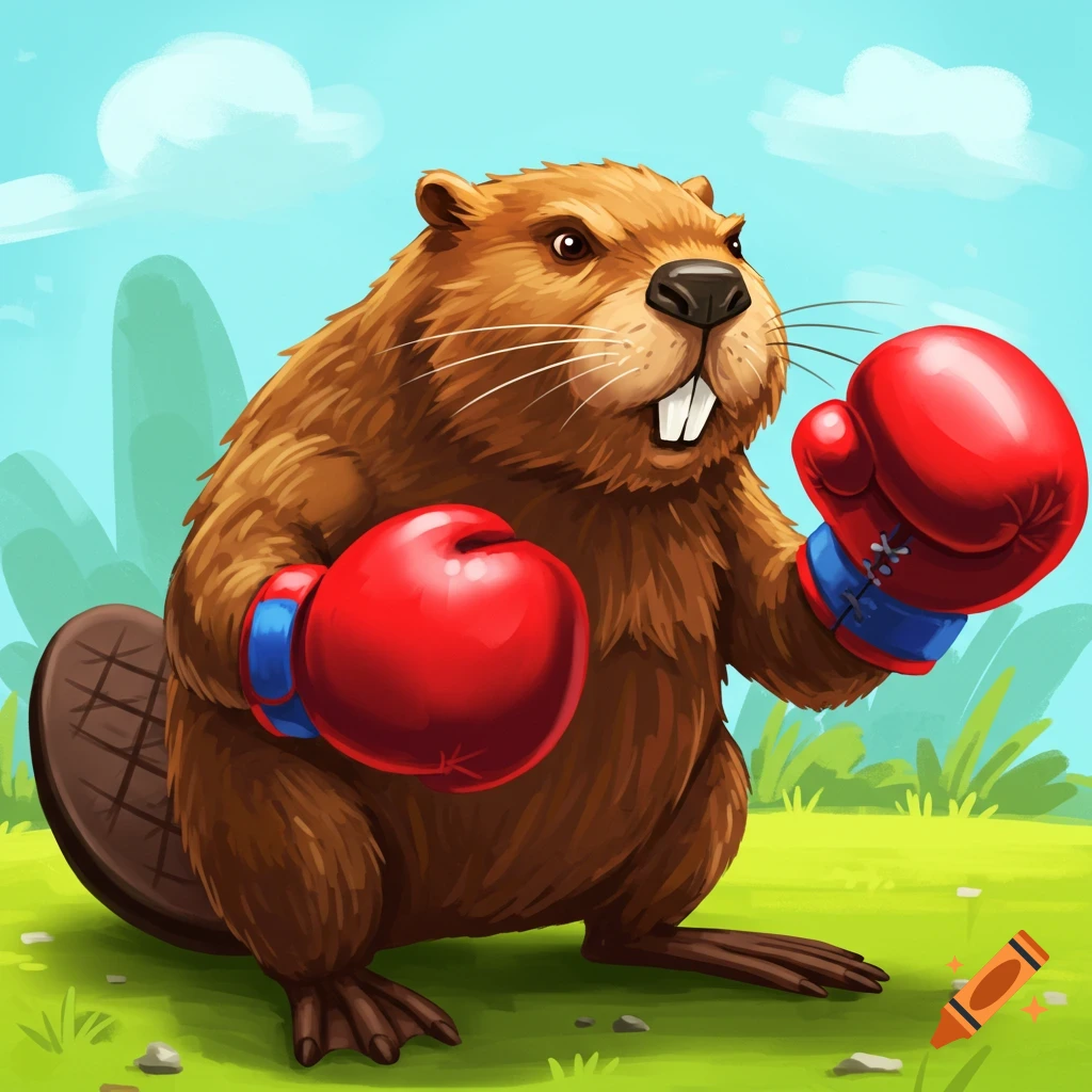 Cartoon beaver wearing red boxing gloves