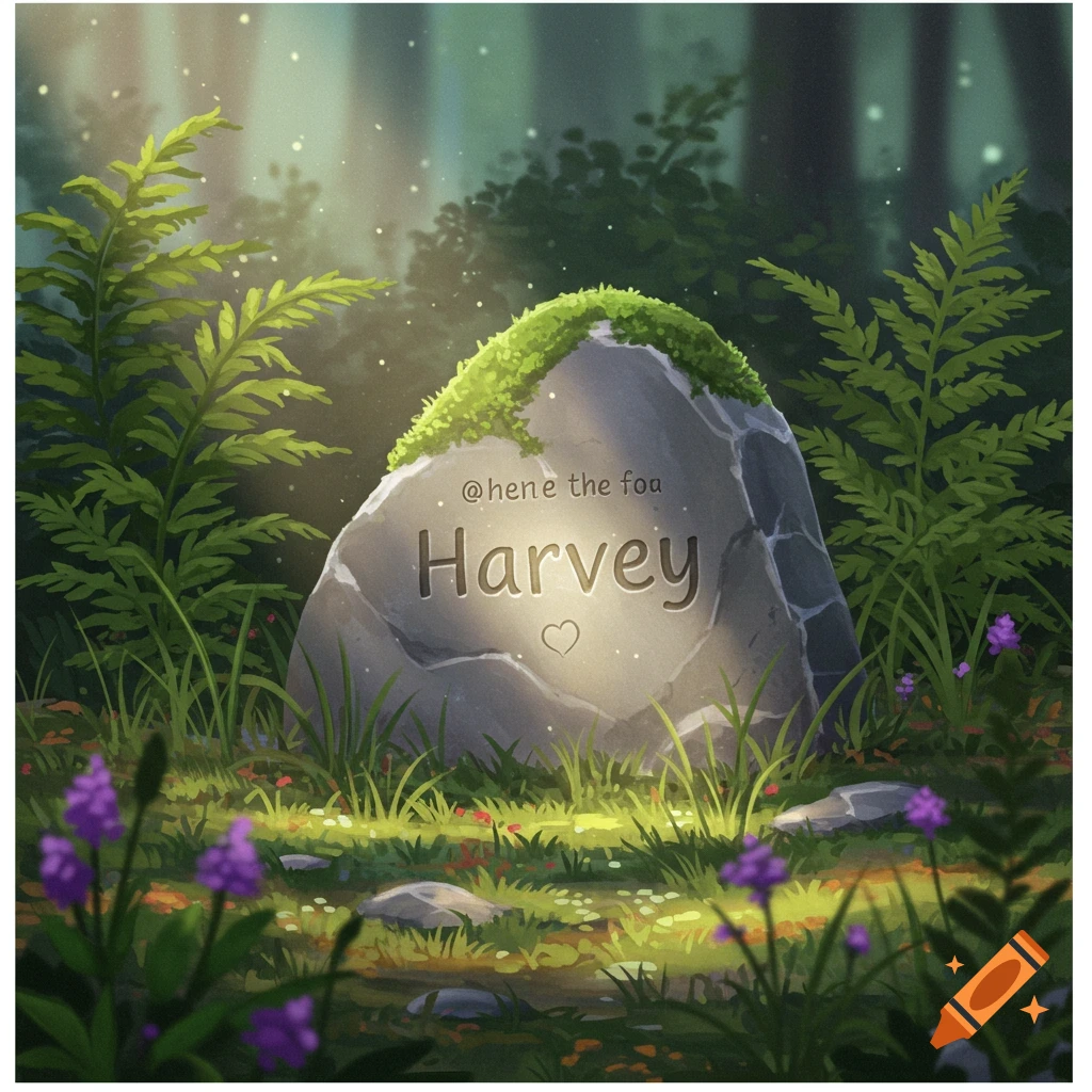 An illustrated memorial stone engraved with "Harvey" sits in a sunlit forest clearing, surrounded by moss, ferns, and purple wildflowers.
