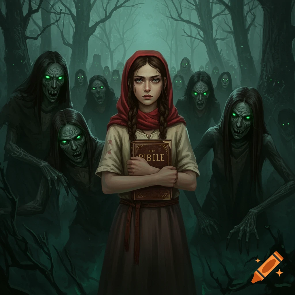 A young girl with a red hood holds a book, surrounded by menacing creatures with glowing green eyes in a dark forest. Dark fantasy art.