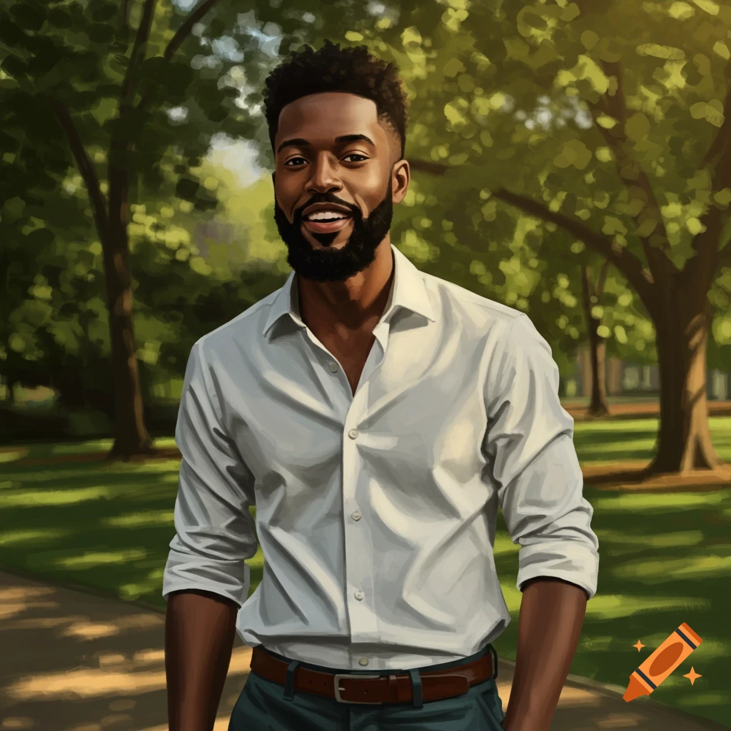 A smiling black man in a white shirt stands in a park. Painterly style.