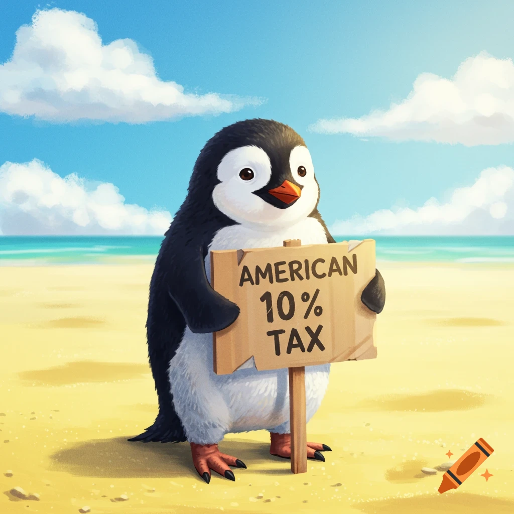 Cartoon penguin on a beach holding a sign that says AMERICAN 10% TAX