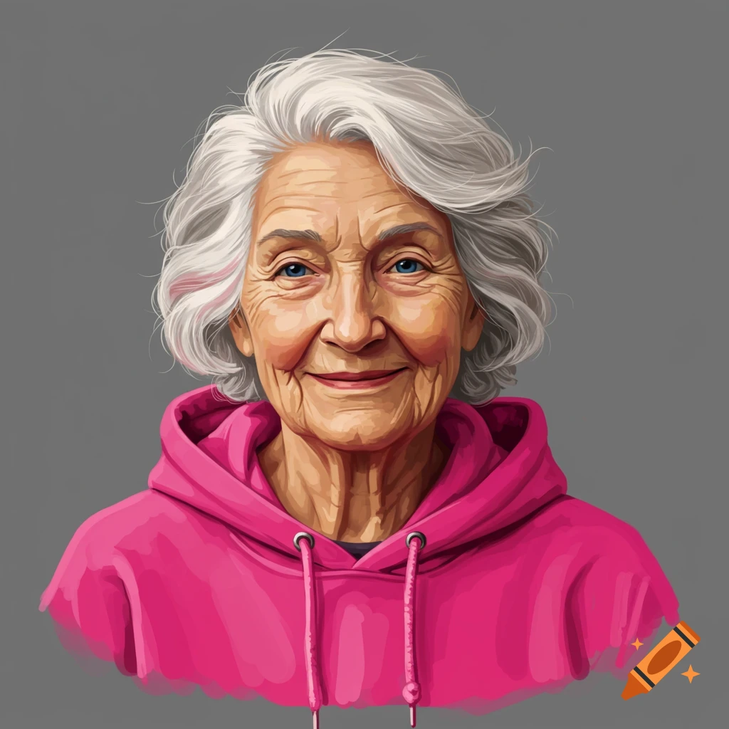Illustration of a smiling elderly woman with white hair wearing a pink hoodie.