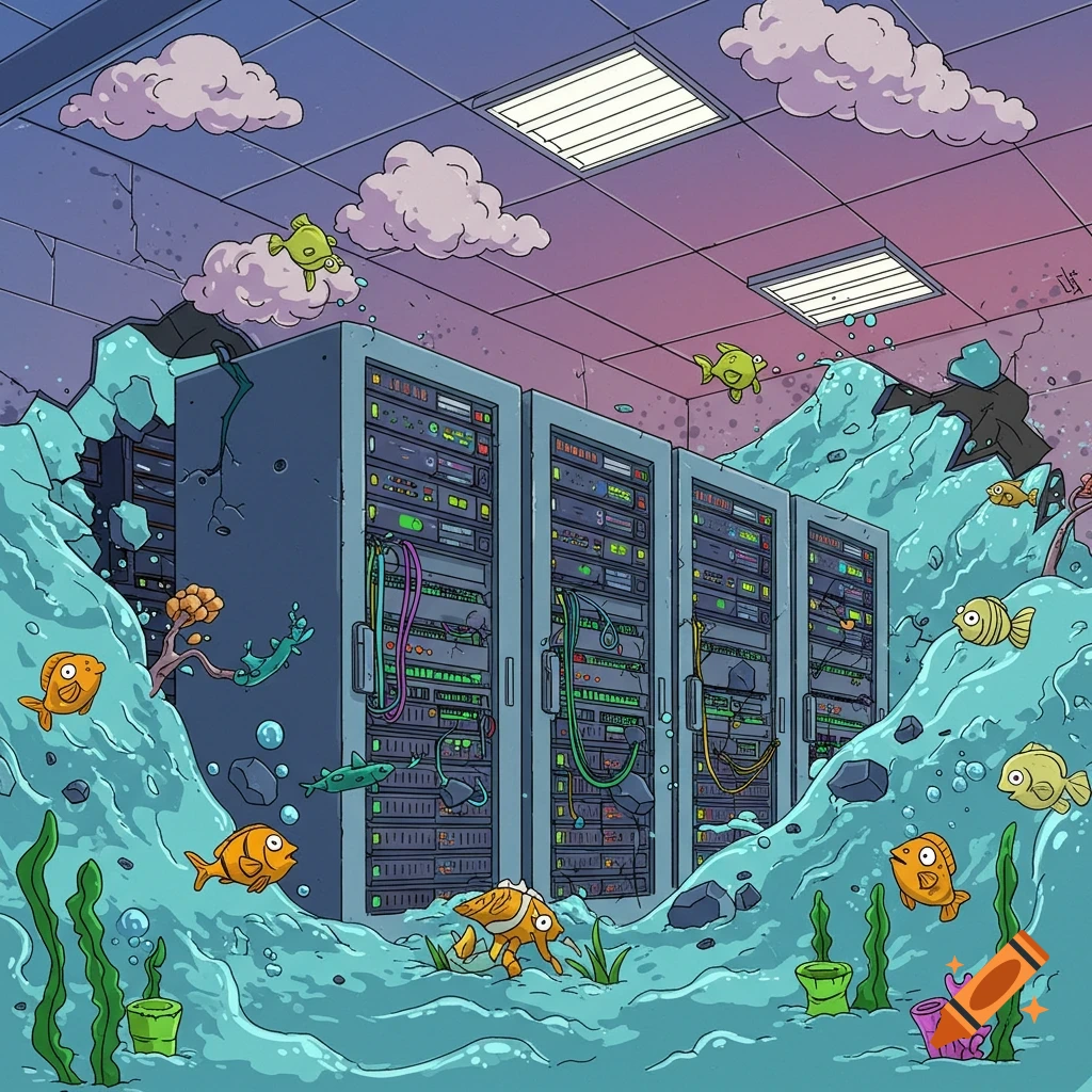 Cartoon illustration of a flooded data center with servers partially submerged, featuring fish swimming around.