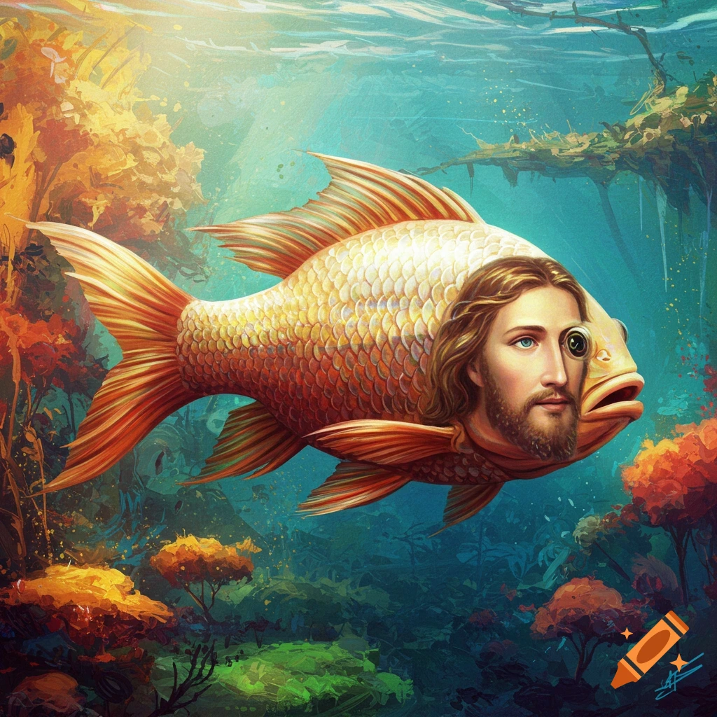 Surreal painting of a fish with a human face resembling Jesus swimming underwater among plants.